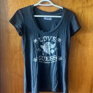 Woman’s GUESS Dark Gray Short-Sleeve Scoop Neck Tee with White Logo Graphic Larg
